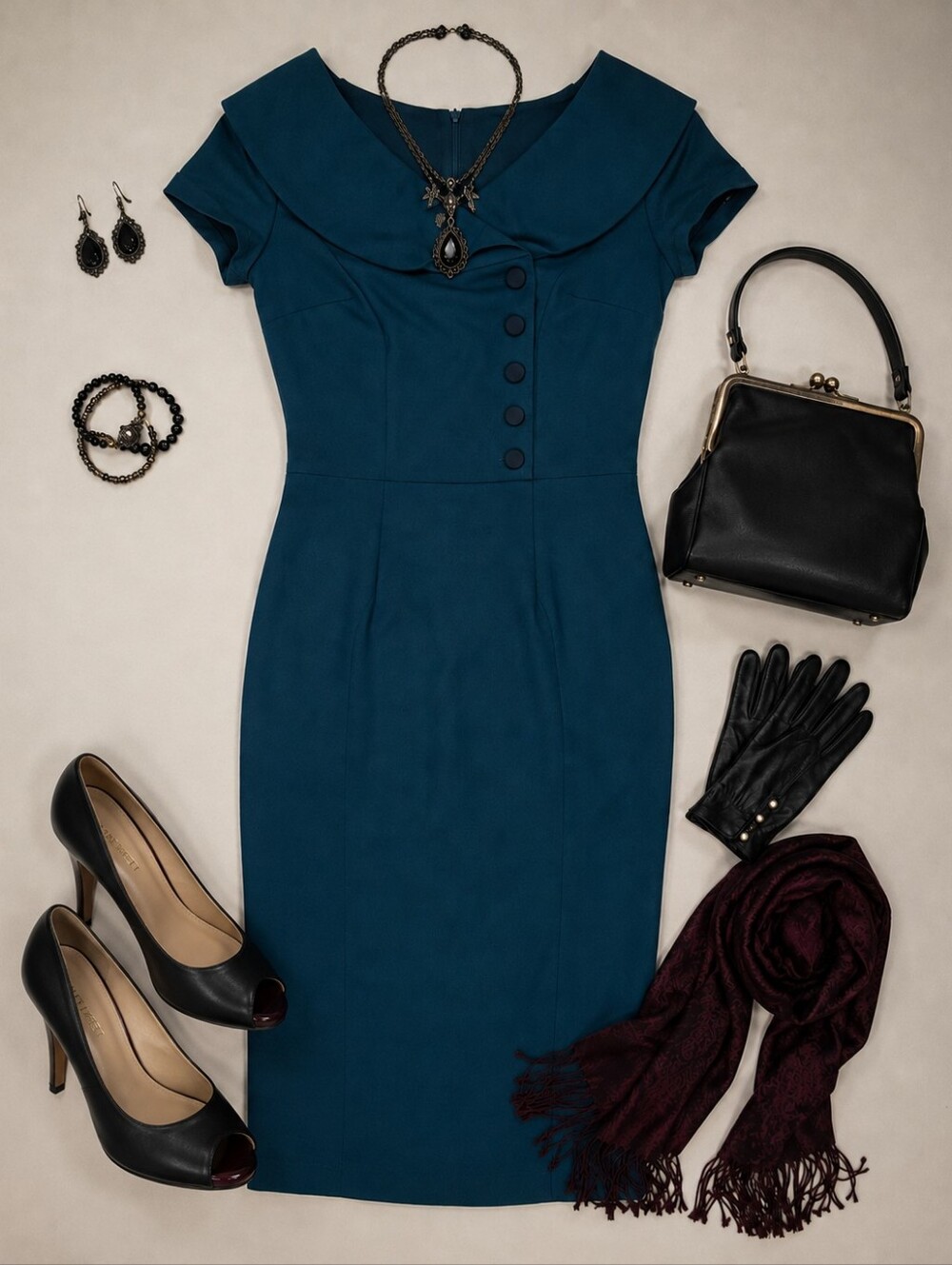 Vintage-Style Teal Sheath Dress with Button Trim